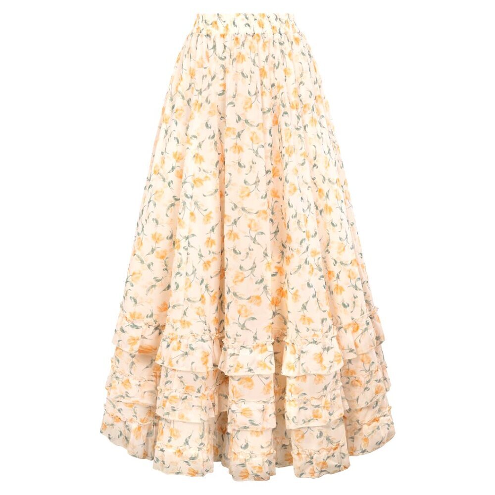 Floral Chiffon Tiered Maxi Skirt with Pockets Yellow Elastic High Waist Boho